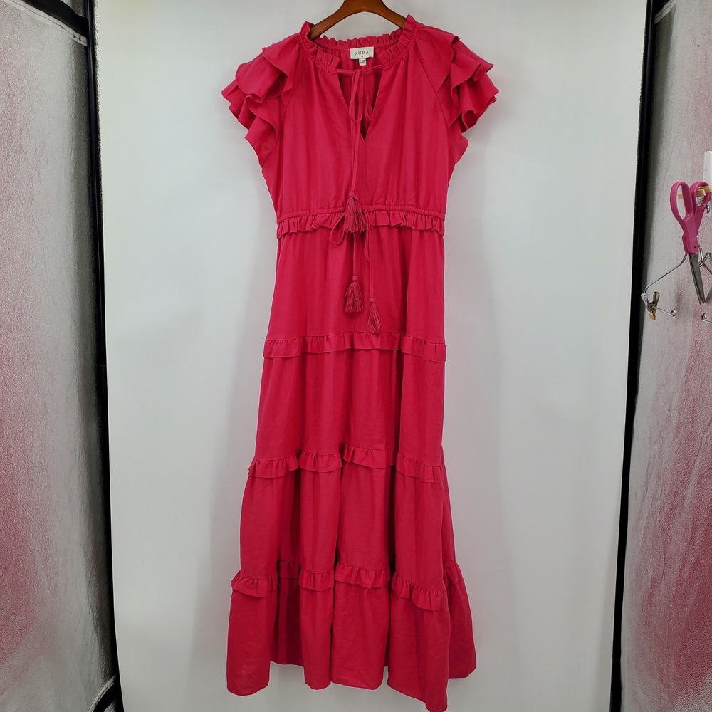 Aura Pink Tiered Maxi Dress Ruffle Cap Sleeve Medium Peasant Cottage Boho Resort